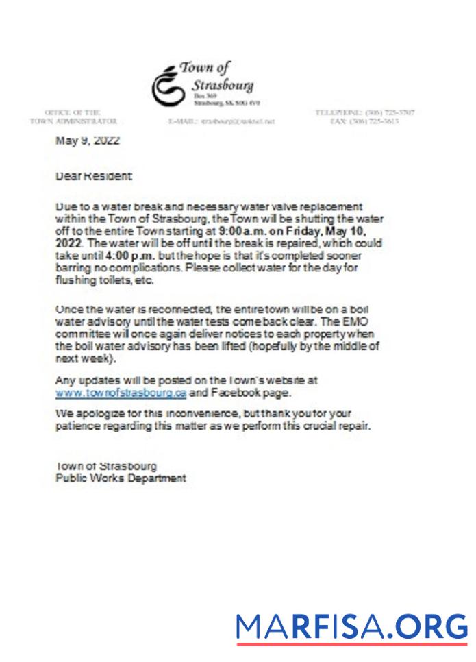 Канада Saskatchewan Town of Strasbourg Вода Счёт за коммунальные услуги shut off notice образец