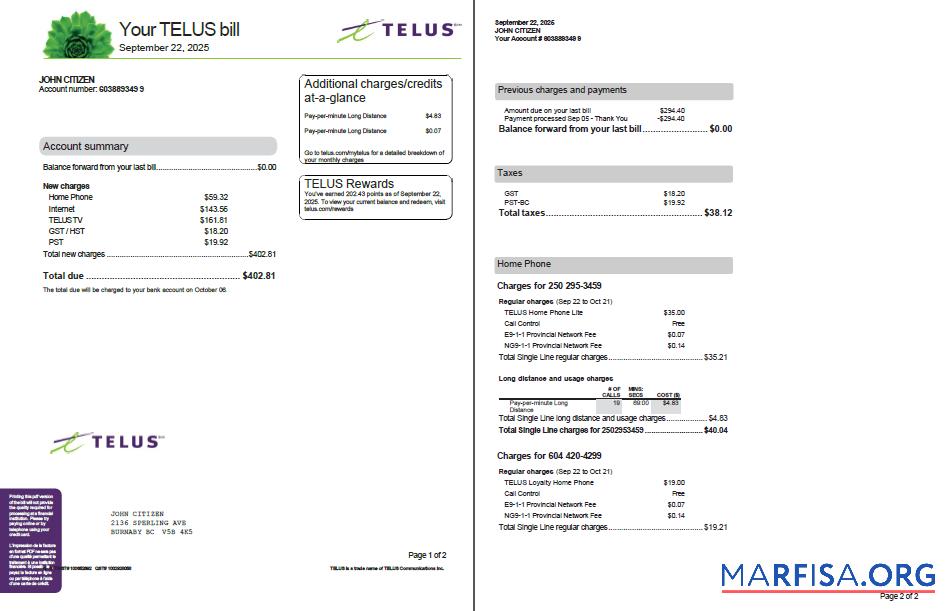 Премиум Канада Telus Счёт за коммунальные услуги Счёт Шаблон in Word and PDF Форматы, 2 pages, Версия 3