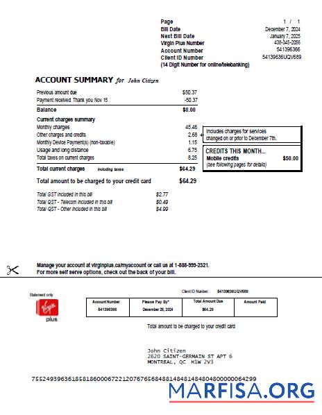 Премиум Канада Virgin Plus Счёт за коммунальные услуги Счёт Шаблон in Word and PDF Форматы