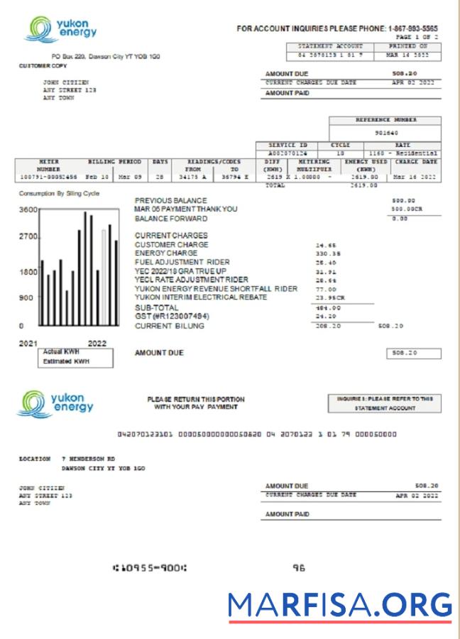 Канада Yukon Energy Счёт за коммунальные услуги Счёт шаблон