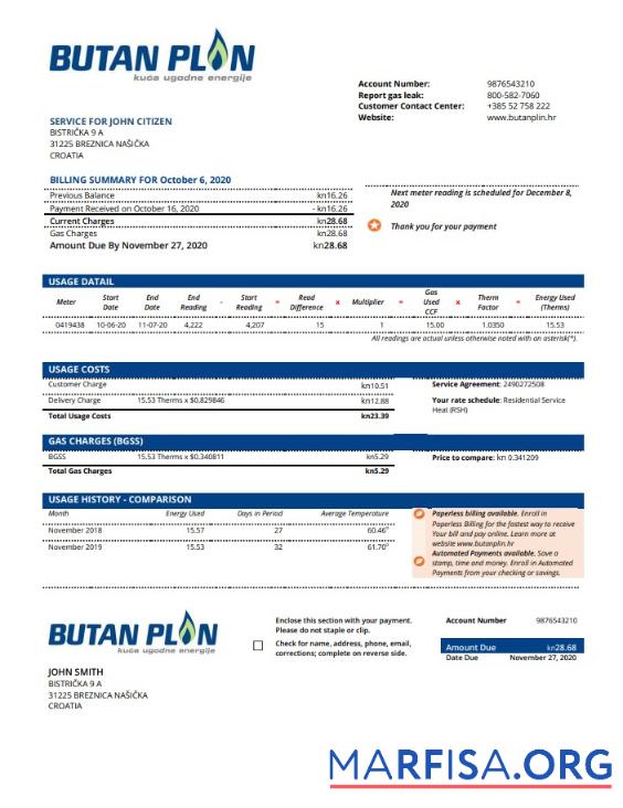 Хорватия BUTAN PLIN d.o.o. Газ Счёт за коммунальные услуги Счёт образец