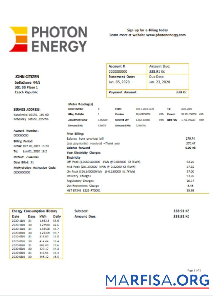 Чехия Photon Energy Счёт за коммунальные услуги Счёт предпросмотр