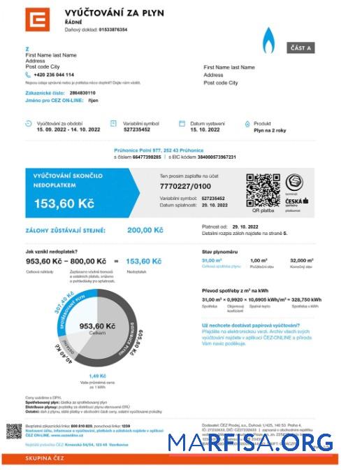 Czech Vyuctovani Za Plyn Счёт за коммунальные услуги Счёт in PSD Формат макет