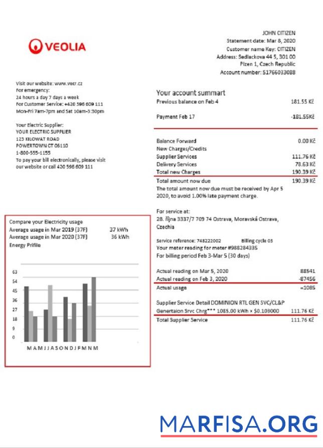 Чехия Veolia Energy Чехия energy Счёт за коммунальные услуги Счёт шаблон