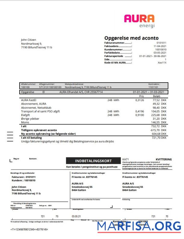 Реалистичный Дания AURA Energi Счёт за коммунальные услуги Счёт Шаблон in Word and PDF Формат