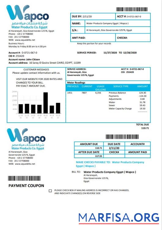 Реалистичный Египет Вода Products Компания Египет (Wapco) Счёт за коммунальные услуги Счёт Шаблон in Word and PDF Формат