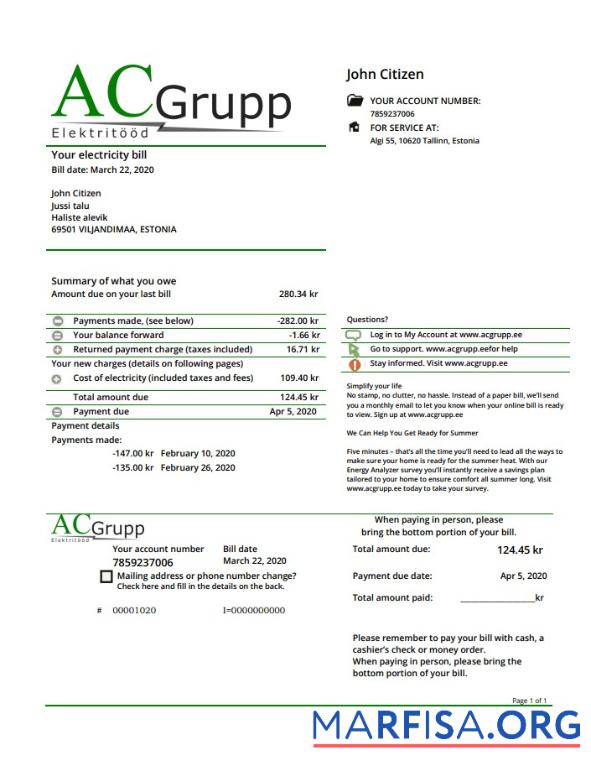 Профессиональный Эстония AC Grupp OU╠ê Электричество Счёт за коммунальные услуги Счёт Шаблон in Word and PDF Формат