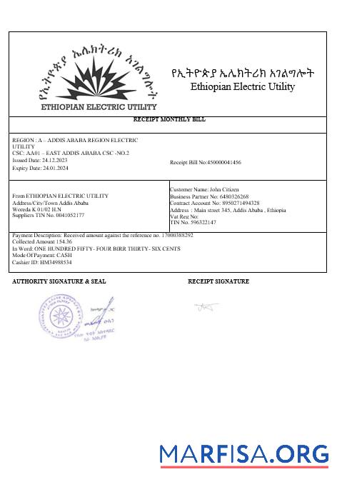 Ethiopian electric Счёт за коммунальные услуги Счёт in wordand PDF Форматы образец