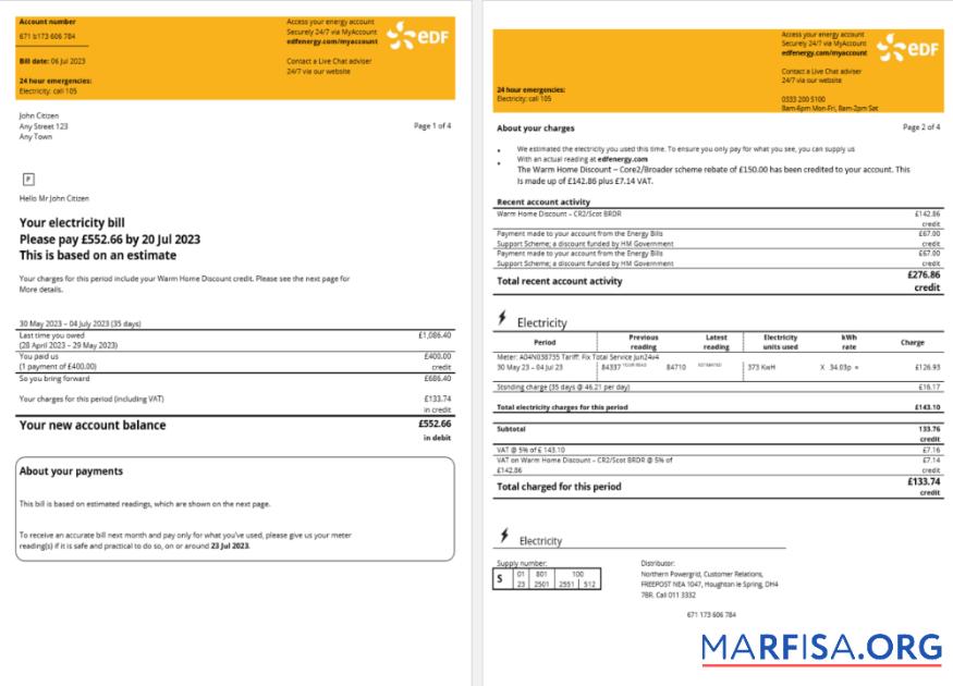Реалистичный Франция EDF Energy Счёт за коммунальные услуги Счёт Word and PDF Шаблон, 4 pages 1 2