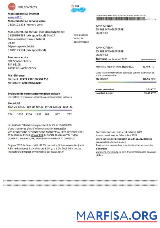 Высокое Качество Франция EDF proof of address Счёт за коммунальные услуги Счёт Шаблон in Word and PDF Формат