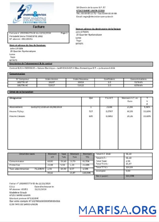Франция Energies & Services Re╠ügie Municipal dΓÇÖ Electricite╠ü Sarre союз Электричество Счёт за коммунальные услуги Счёт предпросмотр