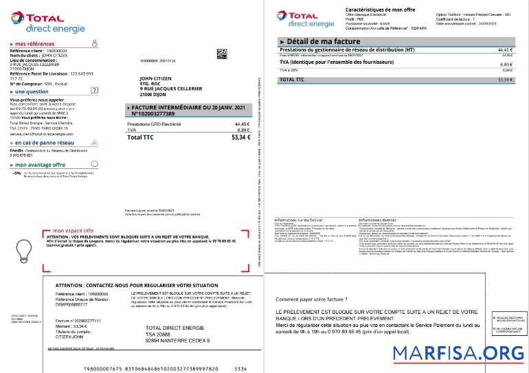 Франция Total Direct Energie Счёт за коммунальные услуги Счёт шаблон