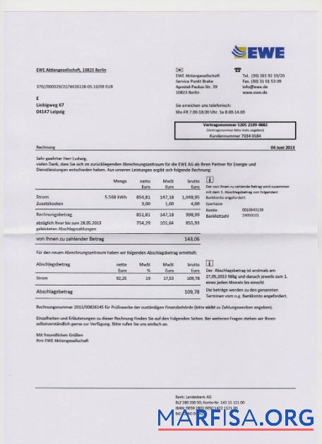Германия EWE Счёт за коммунальные услуги Счёт in PSD Формат предпросмотр