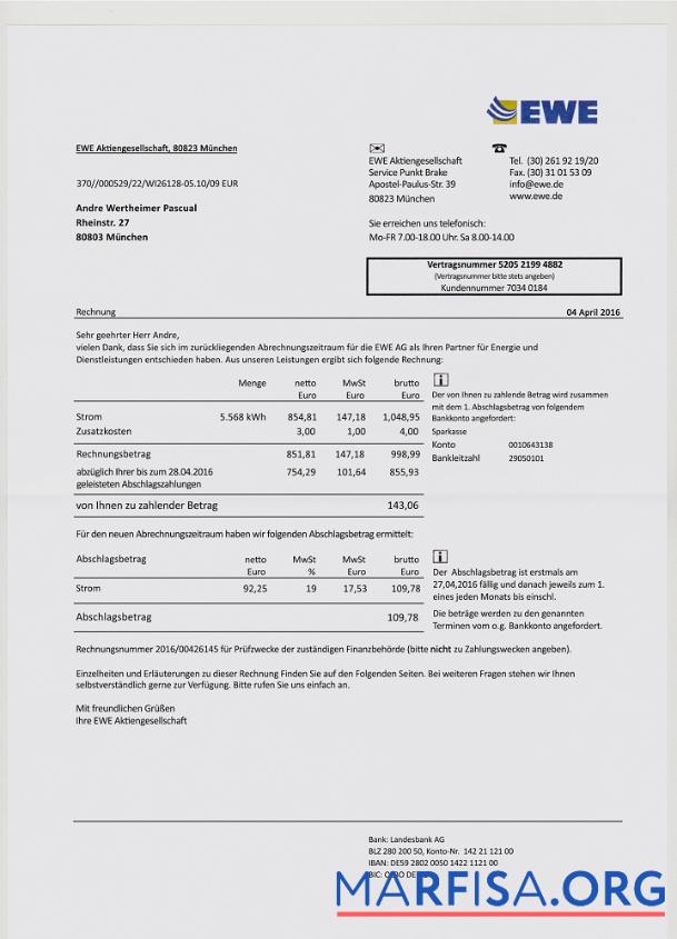 Германия EWE Счёт за коммунальные услуги Счёт макет