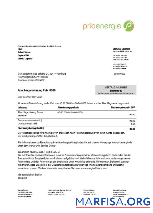 Германия Prioenergie proof of address Счёт за коммунальные услуги Счёт макет
