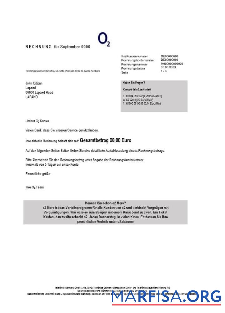 Германия RECHNUNG O2 Счёт за коммунальные услуги Счёт предпросмотр