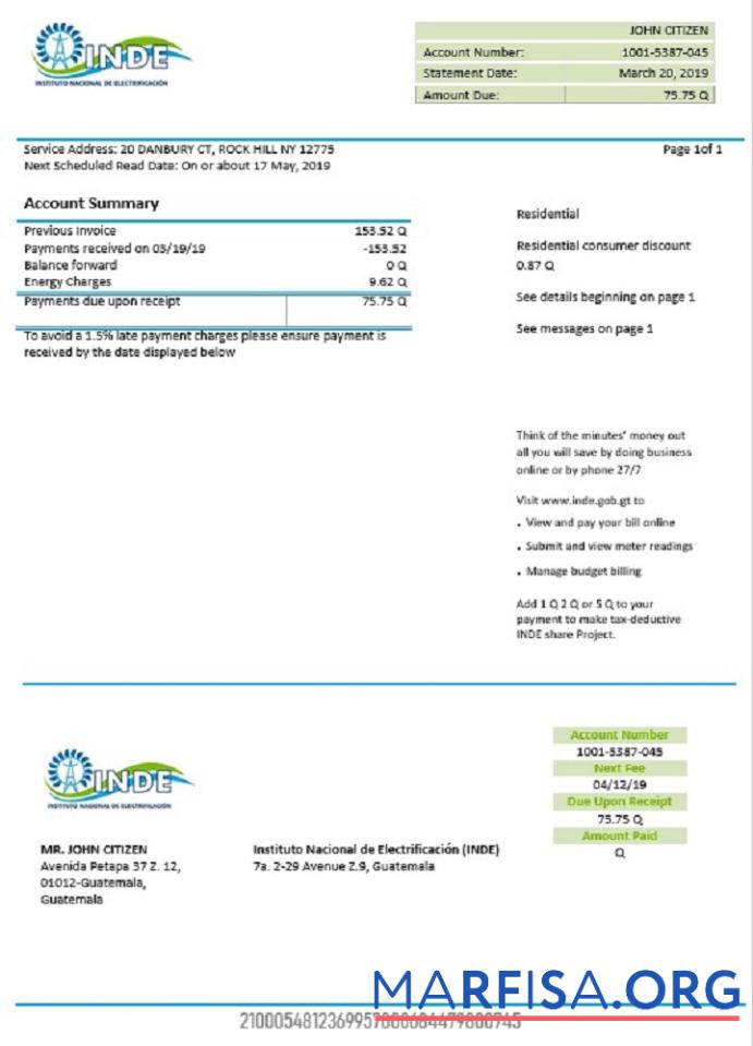 Гватемала INDE Instituto Nacional de Electrificacio╠ün Электричество Счёт за коммунальные услуги Счёт макет