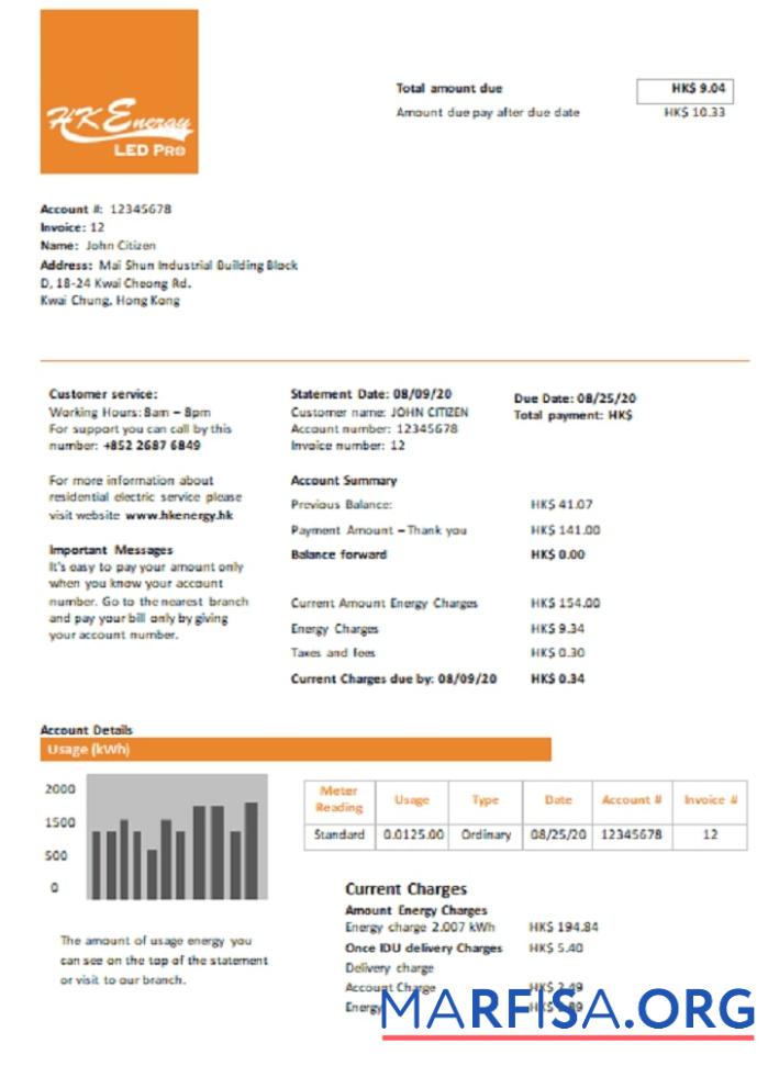Гонконг Energy Ltd Счёт за коммунальные услуги Счёт макет