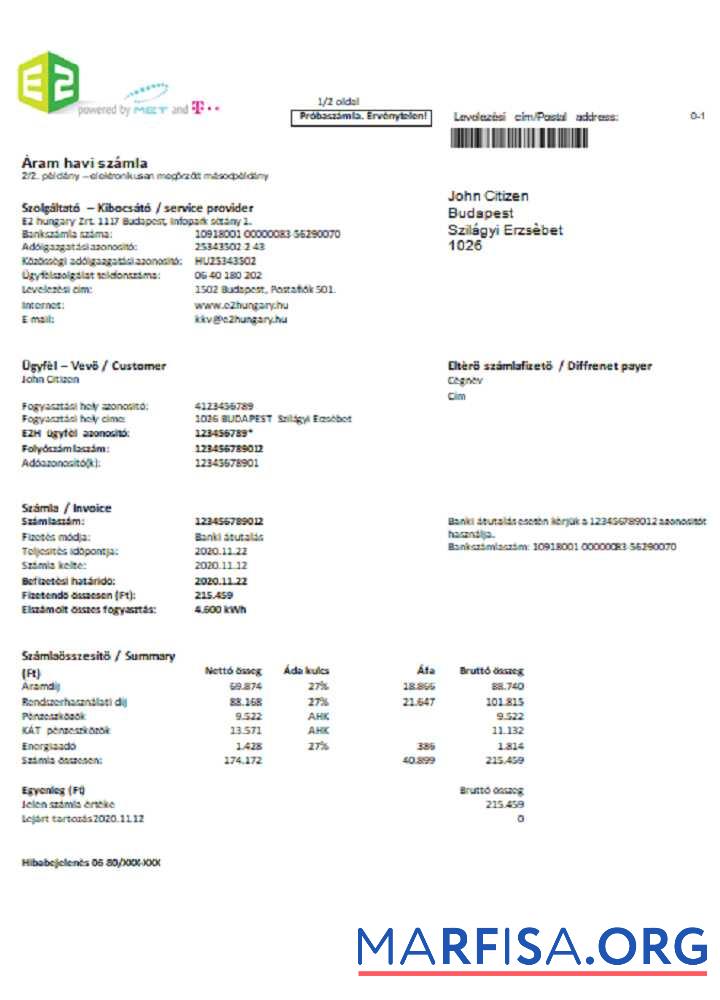Венгрия E2 Счёт за коммунальные услуги Счёт Word and PDF Формат дизайн