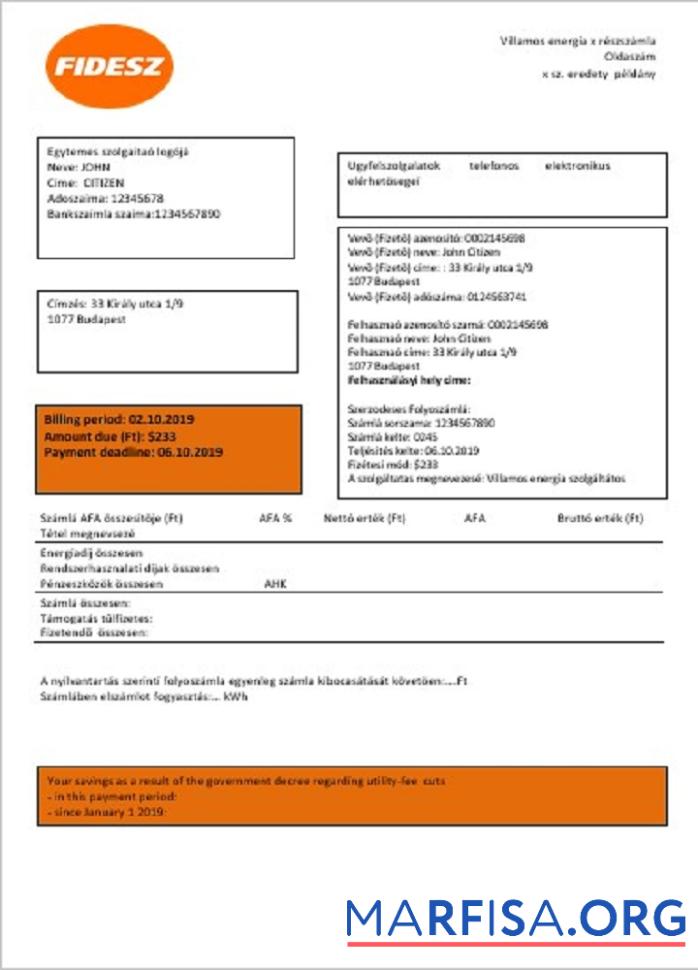 Венгрия FIDESZ easy to fill Счёт за коммунальные услуги Счёт образец