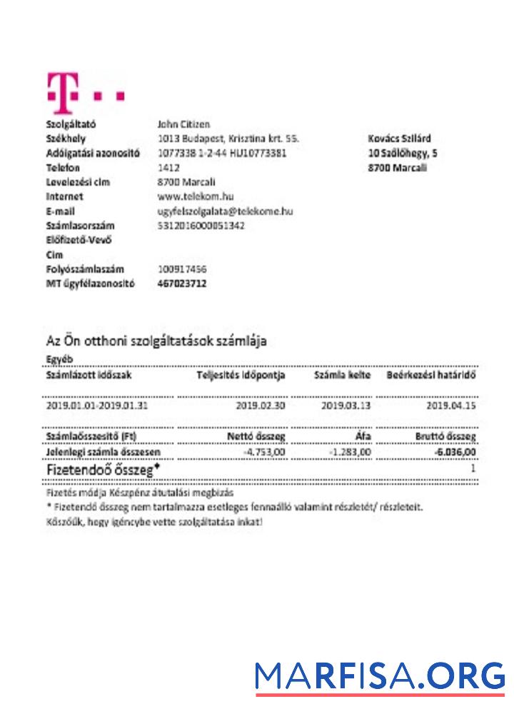 Венгрия Magyartel Счёт за коммунальные услуги Счёт образец