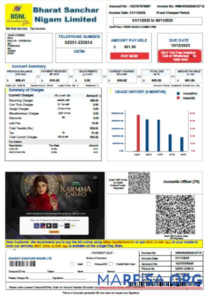 Высокое Качество Индия Bharat Sanchar Nigam Limited Счёт за коммунальные услуги Счёт Шаблон in Word and PDF Форматы, Версия 3