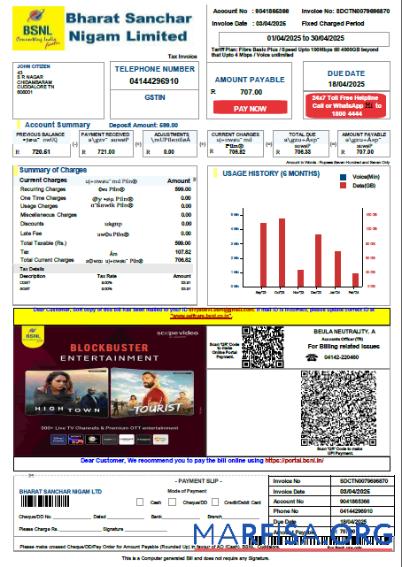 Высокое Качество Индия Bharat Sanchar Nigam Limited Счёт за коммунальные услуги Счёт Шаблон in Word and PDF Форматы, Версия 4