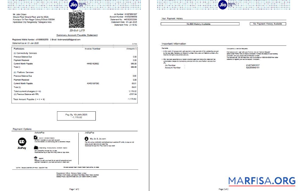 Премиум Индия Jio Digital Life Счёт за коммунальные услуги Счёт Шаблон in Word and PDF Форматы, 2 pages, Версия 3