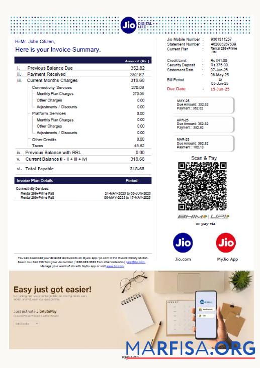 Реалистичный Индия Jio Digital Life Счёт за коммунальные услуги Счёт Шаблон in Word and PDF Форматы, Версия 2
