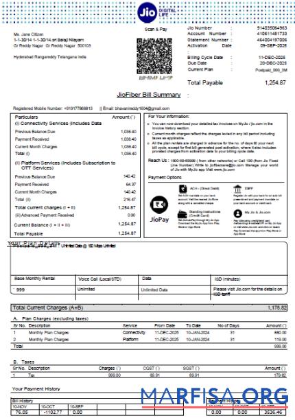 Высокое Качество Индия Jio Digital Life Счёт за коммунальные услуги Счёт Шаблон in Word and PDF Форматы, Версия 4