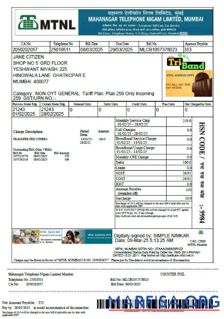 Премиум Индия Mahanagar Telephone Nigam Limited Счёт за коммунальные услуги Счёт Шаблон in Word and PDF Форматы