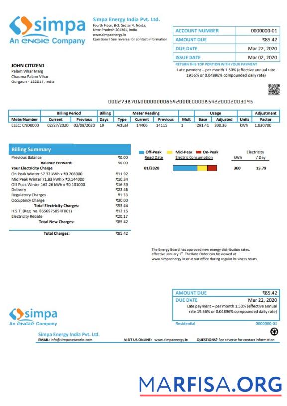 Индия Simpa Energy Индия Pvt. Ltd Счёт за коммунальные услуги Счёт образец