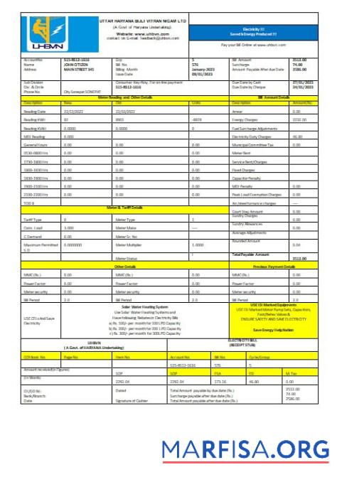 Индия Uttar Haryana Bijli Vitran Nigam Limited electrecity Счёт за коммунальные услуги Счёт Word and PDF Форматы макет