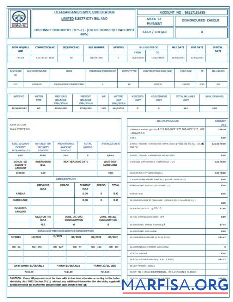 Индия Uttarakhand power corporation Электричество Счёт за коммунальные услуги Счёт Word and PDF Форматы макет