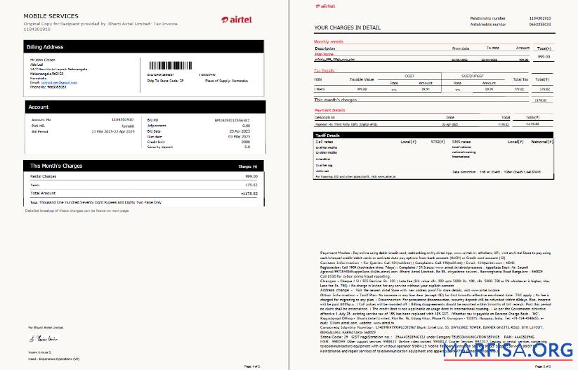 Редактируемый Индия airtel Счёт за коммунальные услуги Счёт Шаблон in Word and PDF Форматы, 2 pages, Версия 3