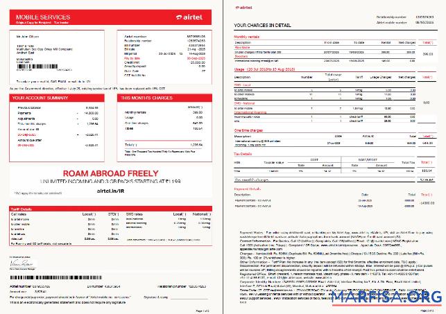 Реалистичный Индия airtel Счёт за коммунальные услуги Счёт Шаблон in Word and PDF Форматы, 2 pages
