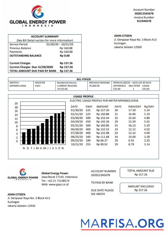 Индонезия Global Energy Power Счёт за коммунальные услуги Счёт предпросмотр