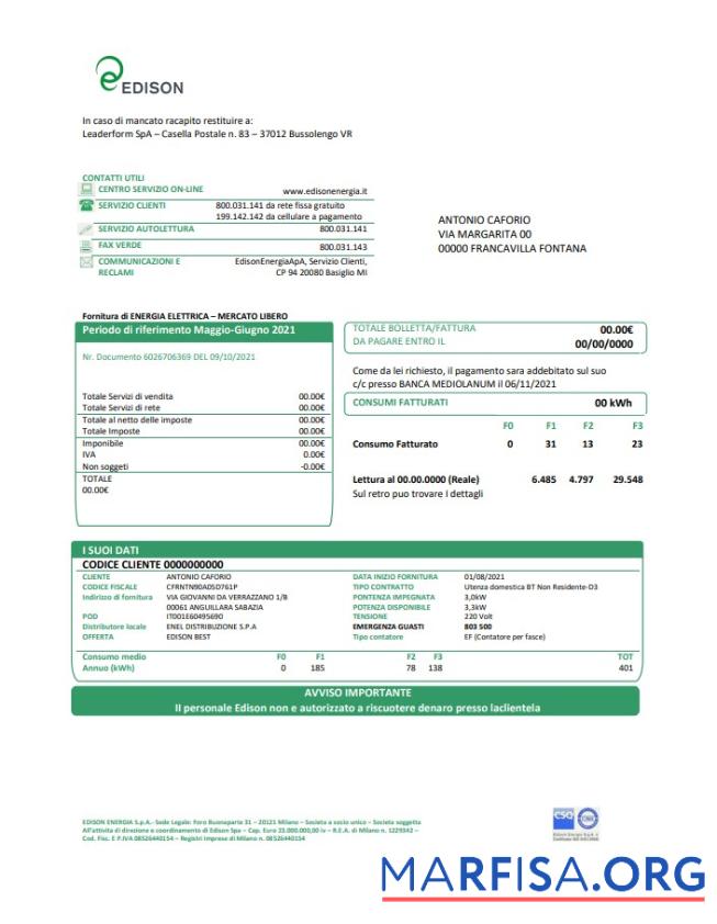 Премиум Италия Edison Счёт за коммунальные услуги Счёт Шаблон in Word and PDF Формат, good for address prove