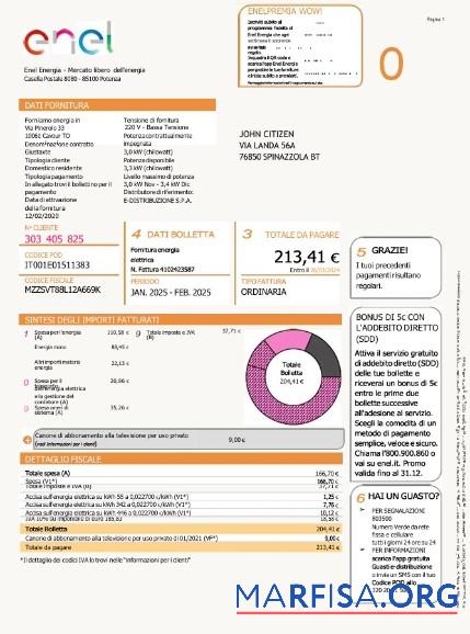 Редактируемый Италия Enel Energia Счёт за коммунальные услуги Счёт Word and PDF Шаблон