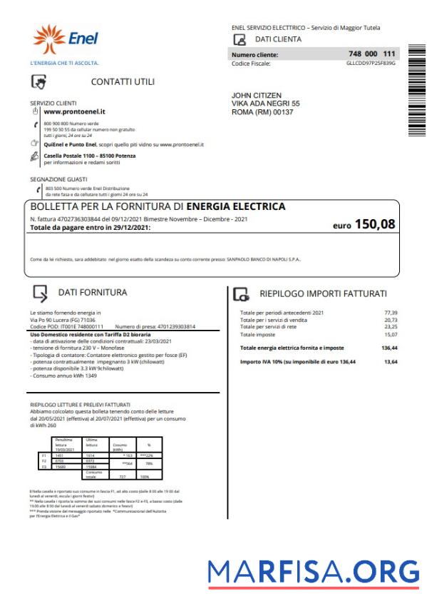Редактируемый Италия Enel Электричество Счёт за коммунальные услуги Счёт Шаблон in Word and PDF Формат