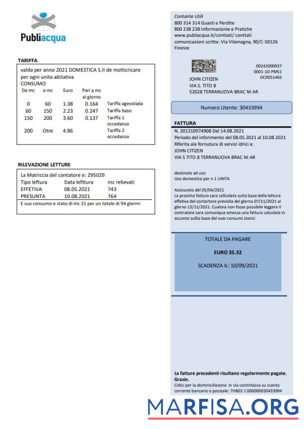 Редактируемый Италия Publiacqua Счёт за коммунальные услуги Счёт Шаблон in Word and PDF Формат