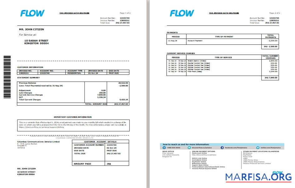 Профессиональный Ямайка Flow Налог Счёт-фактура cable and internet Счёт Word and PDF Шаблон, 2 pages SCR