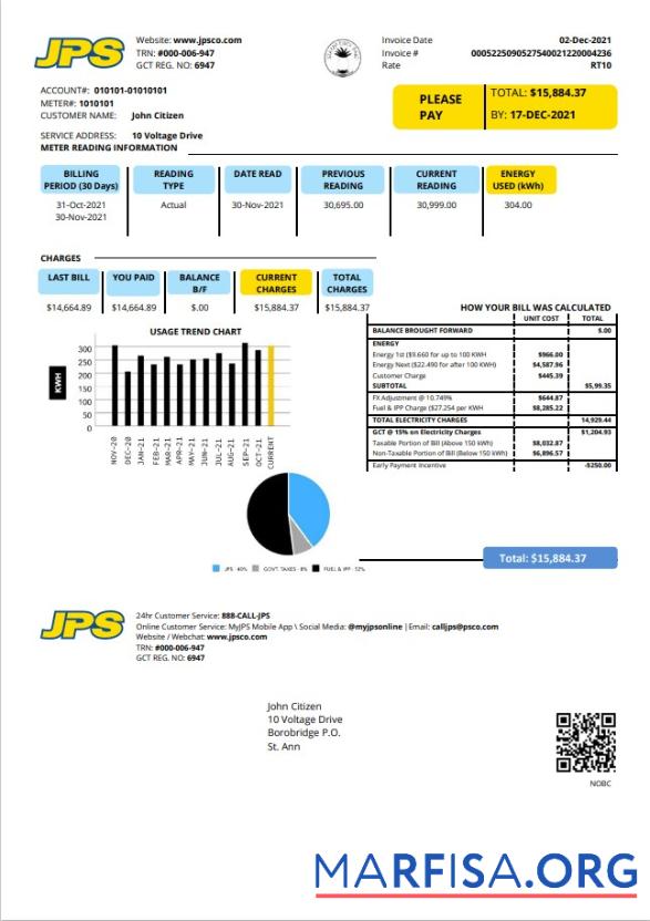 Высокое Качество Ямайка Public Услуга Компания Limited (JPS) Электричество Счёт за коммунальные услуги Счёт Шаблон in Word and PDF Формат