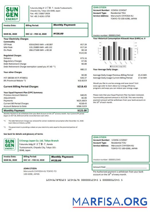 Реалистичный Япония S Energy Япония Co. Ltd. Tokyo Branch Счёт за коммунальные услуги Счёт Шаблон in Word and PDF Формат