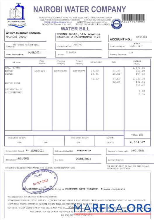 Высокое Качество Кения NAIROBI Вода Счёт за коммунальные услуги Счёт Word and PDF Шаблон