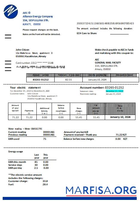 Казахстан Alliance Energy Компания (AEC) Счёт за коммунальные услуги Счёт scr дизайн