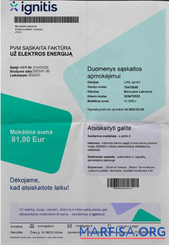 Высокое Качество LITVA IGNITIS Счёт за коммунальные услуги Счёт Word and PDF Шаблон