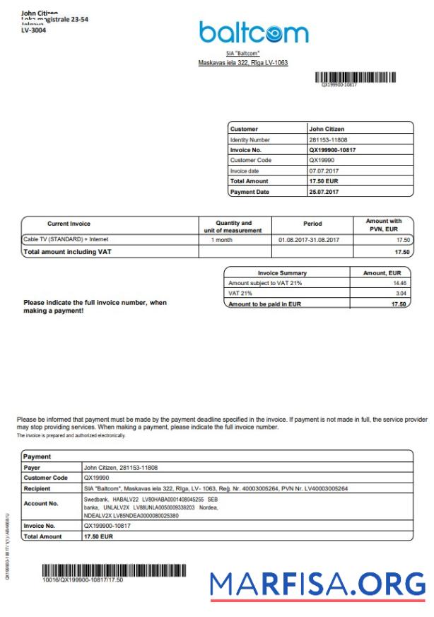 Реалистичный Латвия Baltcom telecommunications Счёт за коммунальные услуги Счёт Шаблон in Word and PDF Формат (English Версия)
