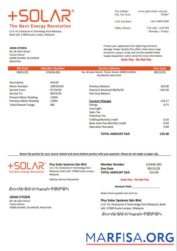 Реалистичный Малайзия Plus Solar Systems Sdn Bhd Счёт за коммунальные услуги Счёт Шаблон in Word and PDF Формат