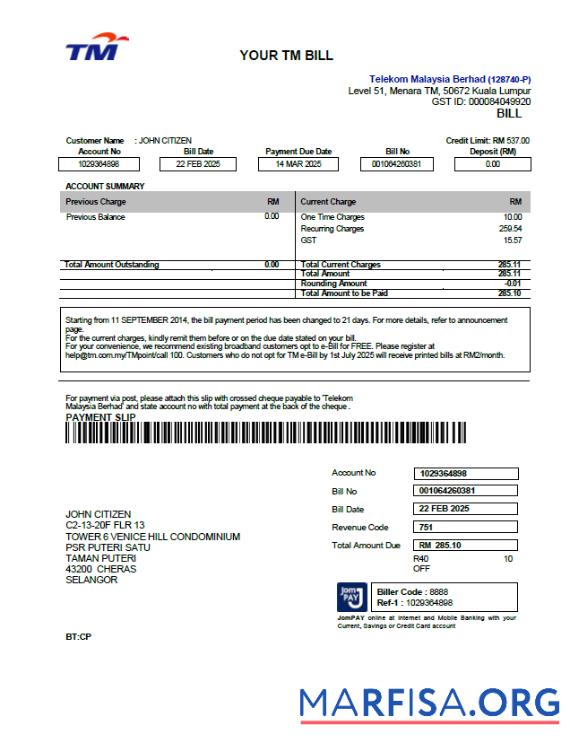 Высокое Качество Малайзия Telekom Счёт за коммунальные услуги Счёт Шаблон in Word and PDF Форматы